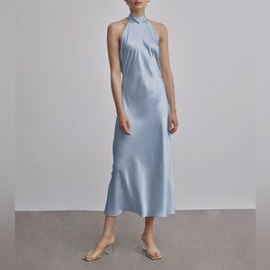 French Bow Halterneck Silk Maxi Dress